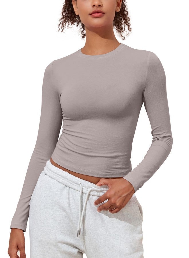 PrettyGuide Women's Long Sleeve Basic Cotton Shirts Tees Tight Fitted Going Out Y2k Crop Tops Oyster S - Image 1